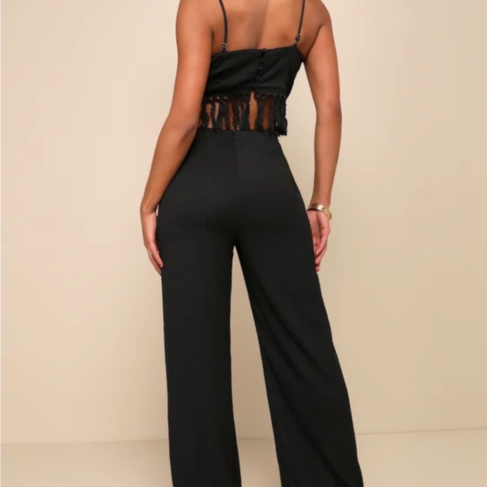 Reduced! Lulus Getaway Black Crinkled Cutout Tasseled Wide-leg Jumpsuit - Size L - Picture 4 of 5